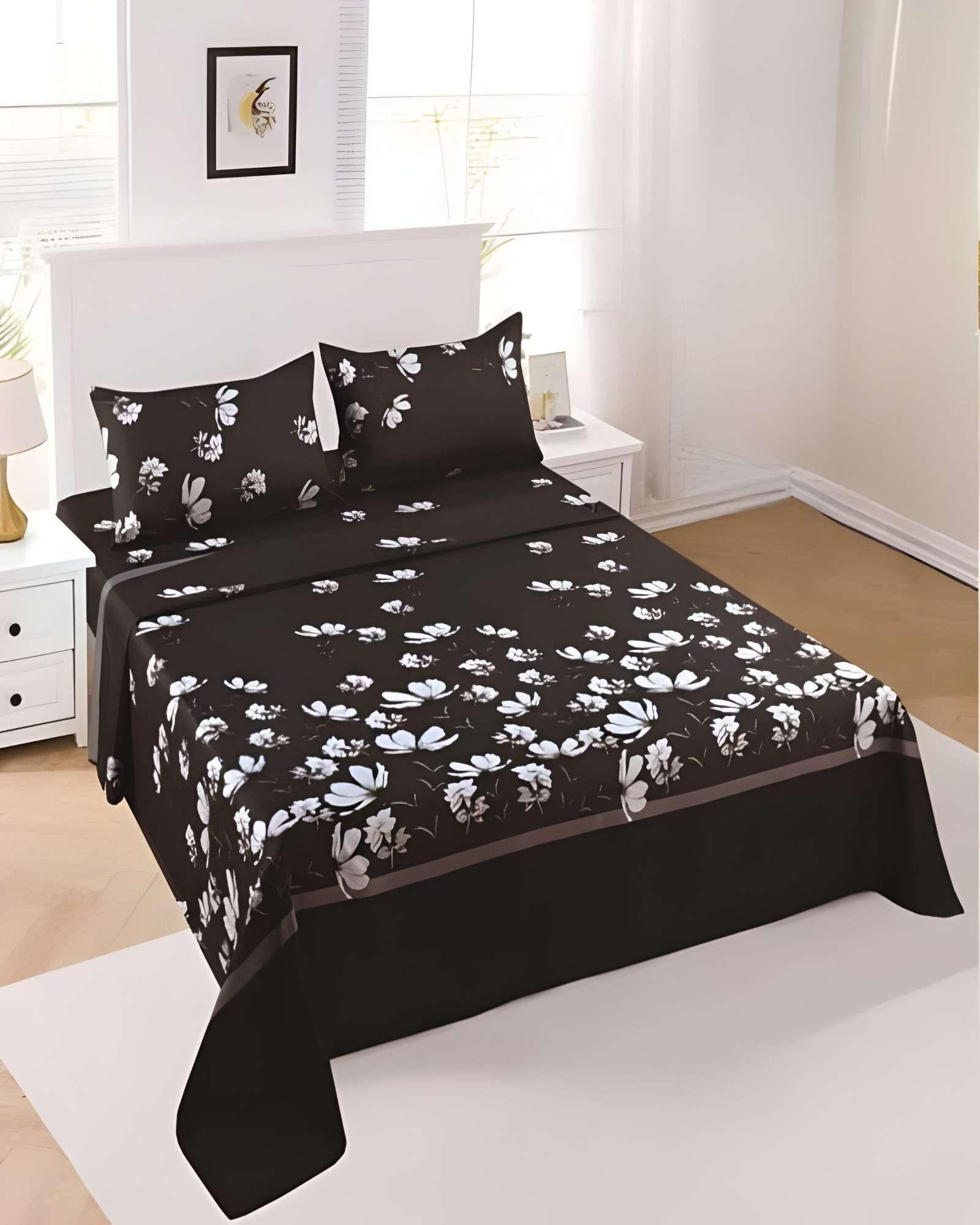 SET DE SABANAS DISEÑO FLORES 2 PLAZAS NEGRO-3