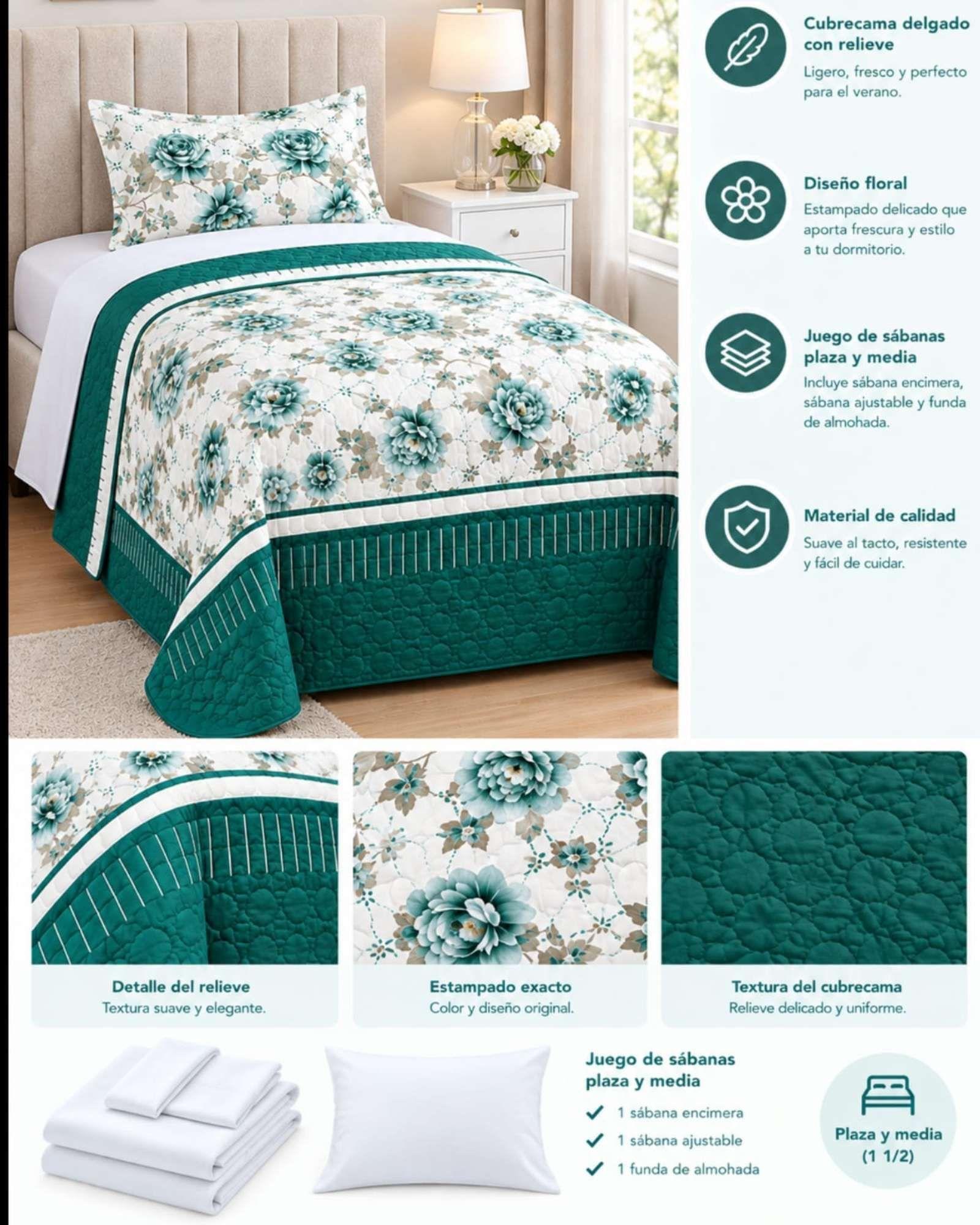 Juego De Cama 1.5 Plazas Cubrecama Quilt Verano Con Sabanas 03-4