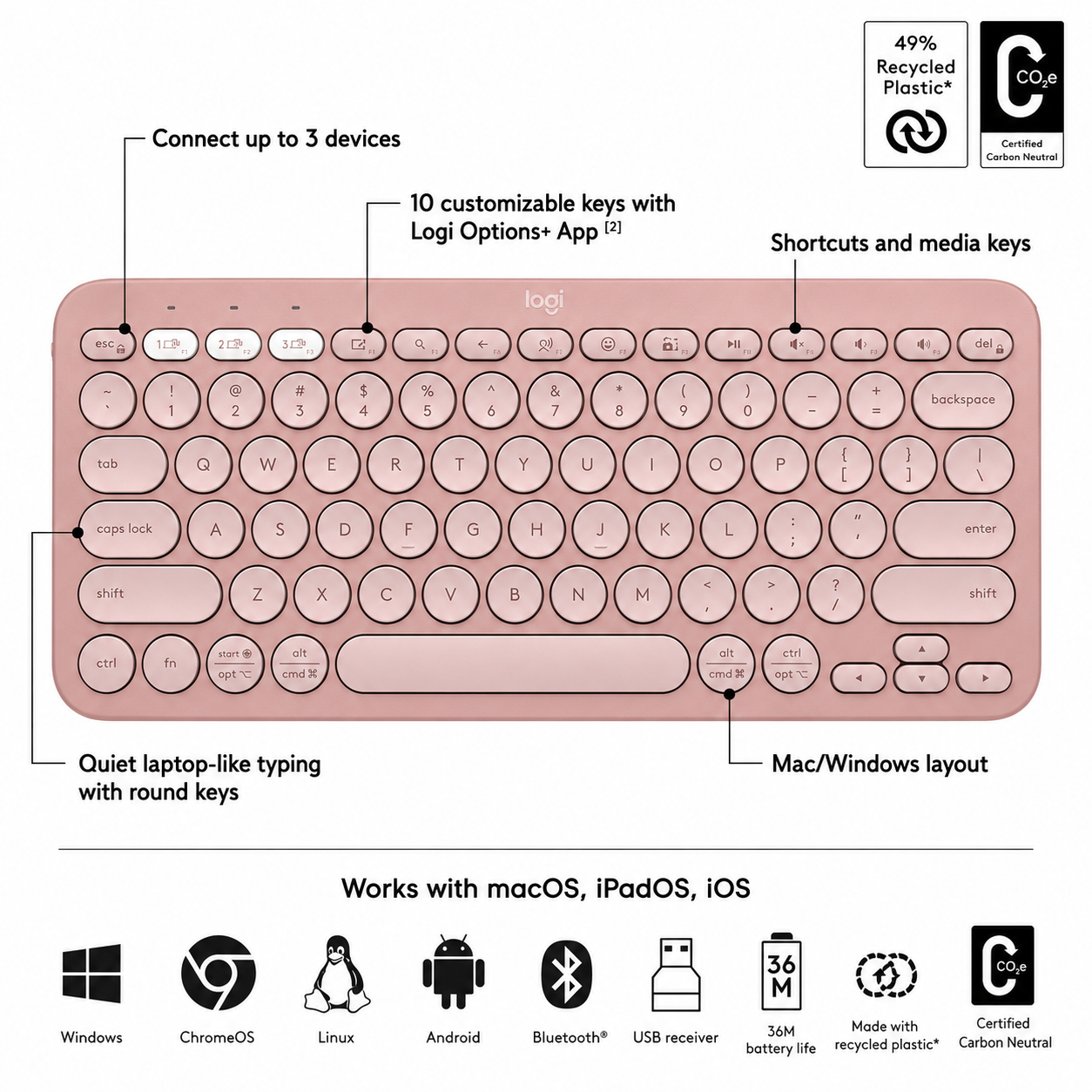 Teclado Logitech Pebble Keys 2 K380S Rosado Espa ol-4