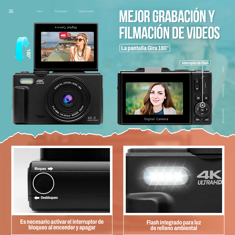 Cámara Fotografíca Digital 4K 30fps 64MP Pantalla Giratoria-3