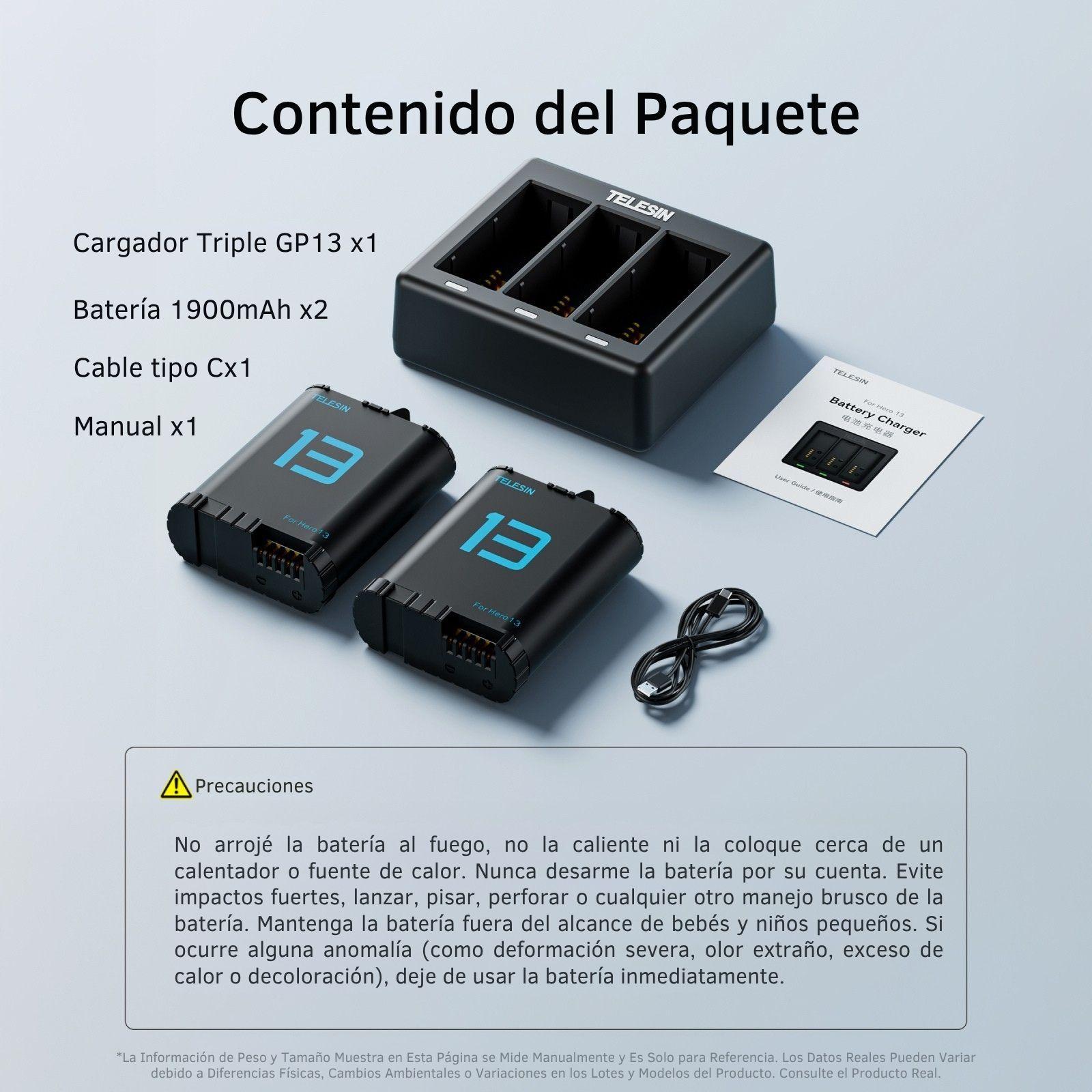 Cargador Triple con 2 Baterias para GoPro 13 Black Telesin-8
