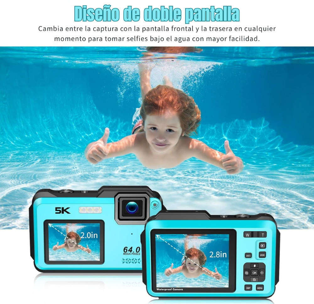 Cámara Sumergible 5K 64MP con WiFi y Doble Pantalla Zoom 16X-6