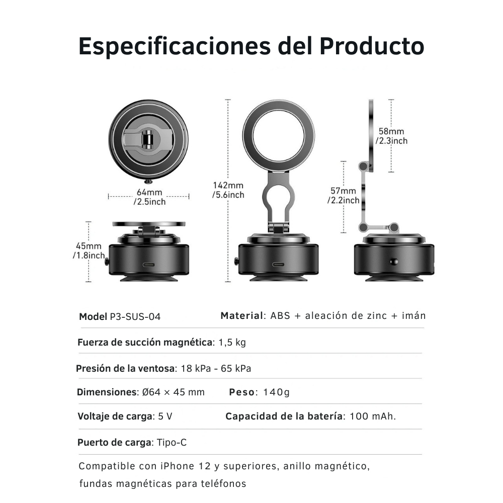 Soporte Auto Magsafe con Ventosa Eléctrica 360° para Celular-7