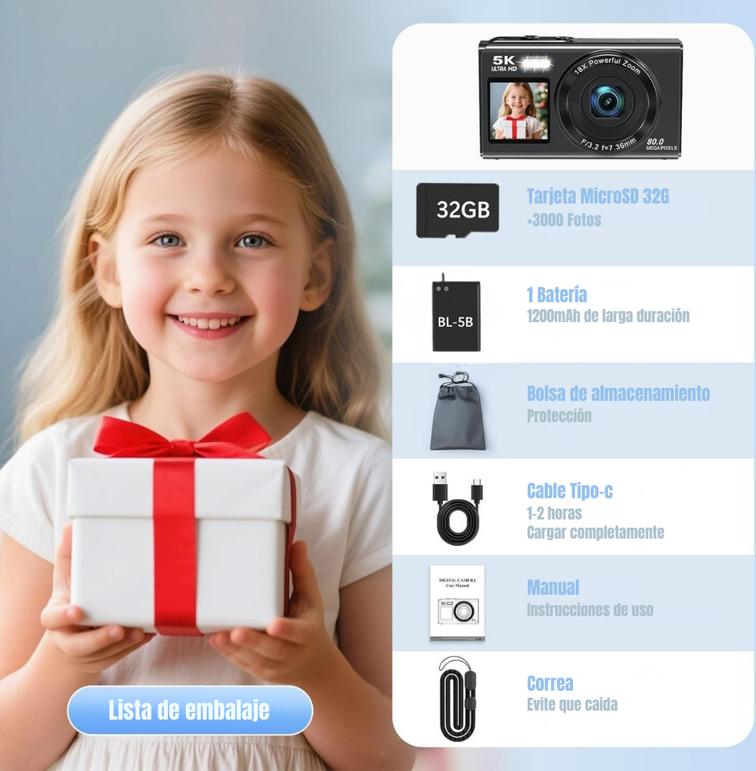 Cámara Digital Doble Pantalla 80MP 5K con Zoom 18x y WiFi-6
