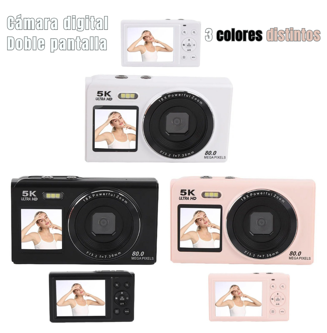 Cámara Digital Doble Pantalla 80MP 5K con Zoom 18x y WiFi-7