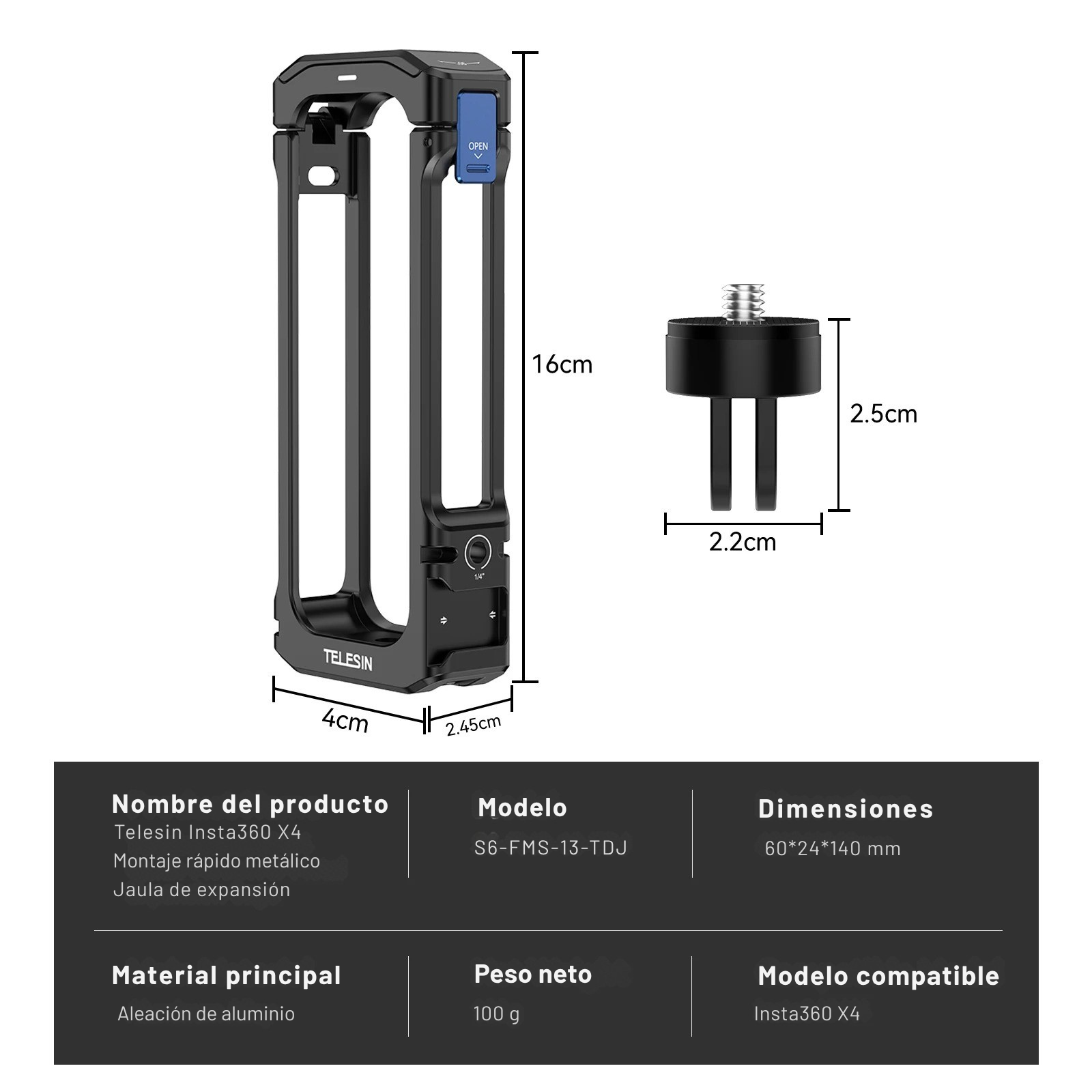 Jaula Aluminio Para Insta360 X4 Protector Cámara Soporte-4