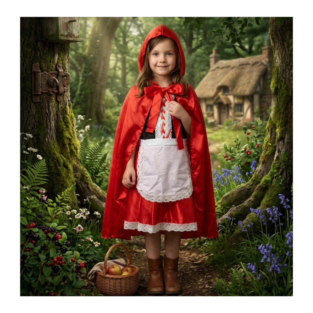 Traje De Caperucita Roja Con Encaje Y Capa Roja Brillante-0