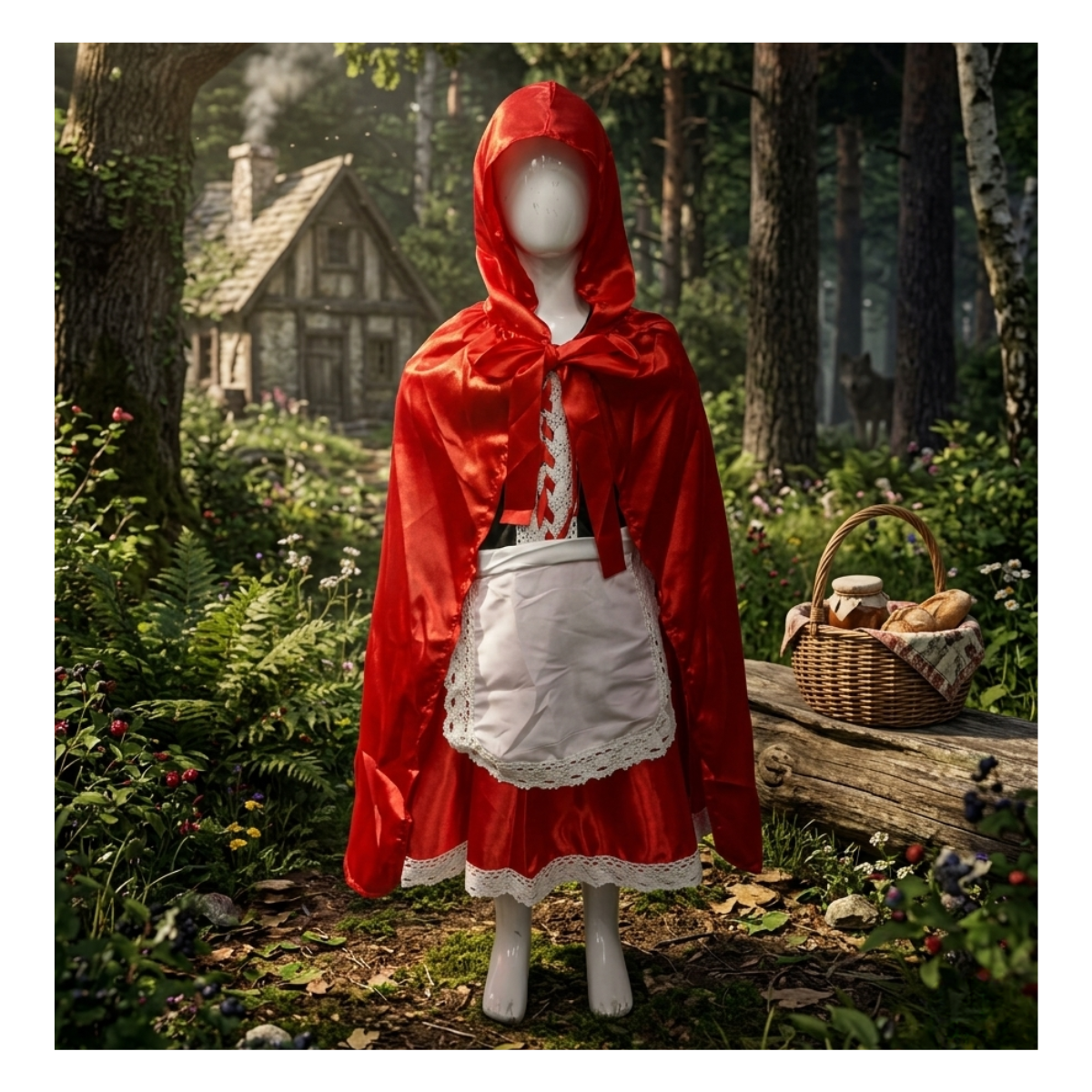 Traje De Caperucita Roja Con Encaje Y Capa Roja Brillante-5