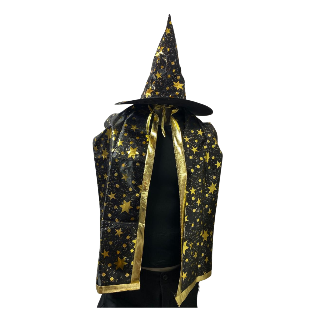 Set Bruja Sombrero + Capa Negro / Dorado Mago Halloween 2025-1