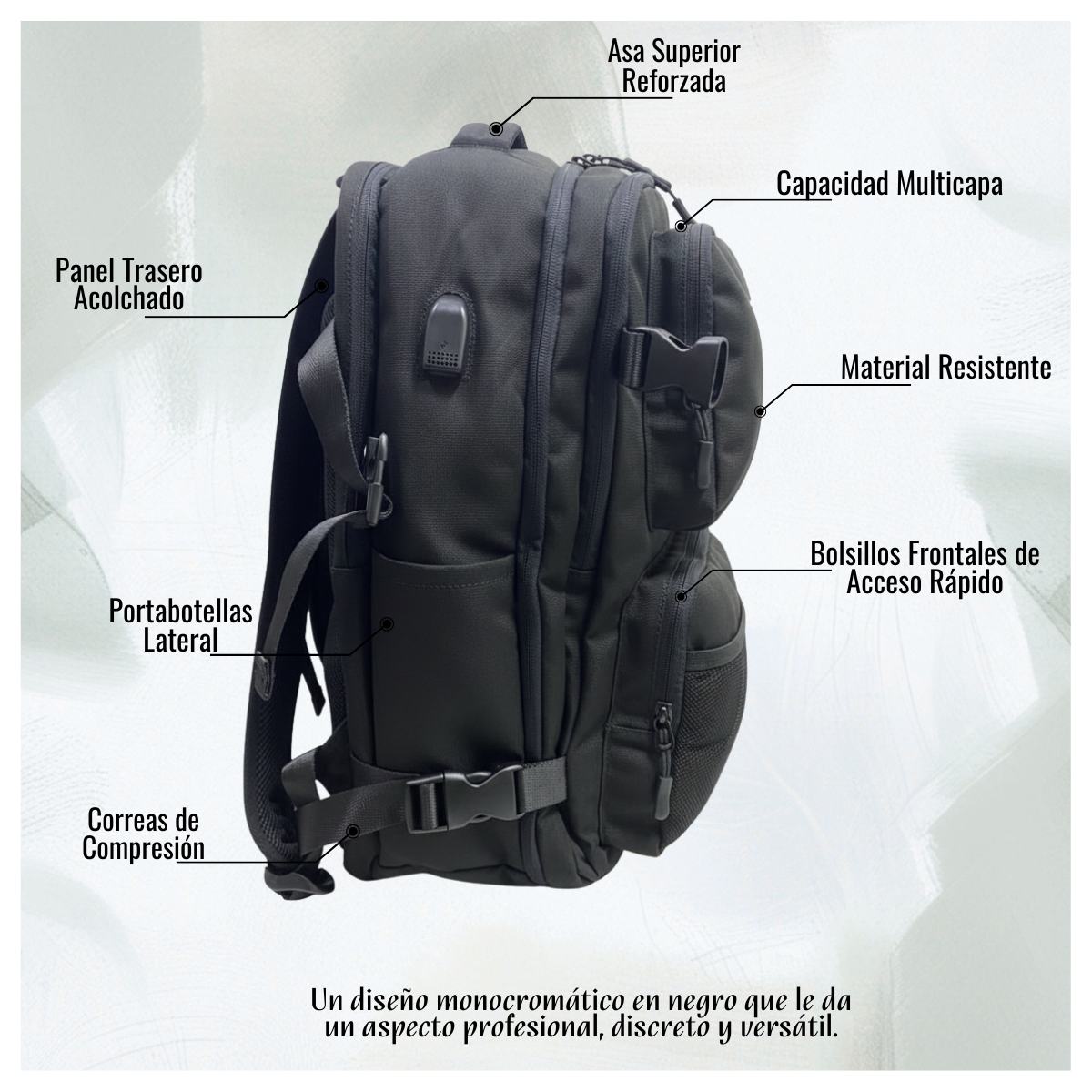 Mochila Escolar Reforzada Negra / Azul Gran Capacidad y Multibolsillos Incluye Puerto USB - Cable -2