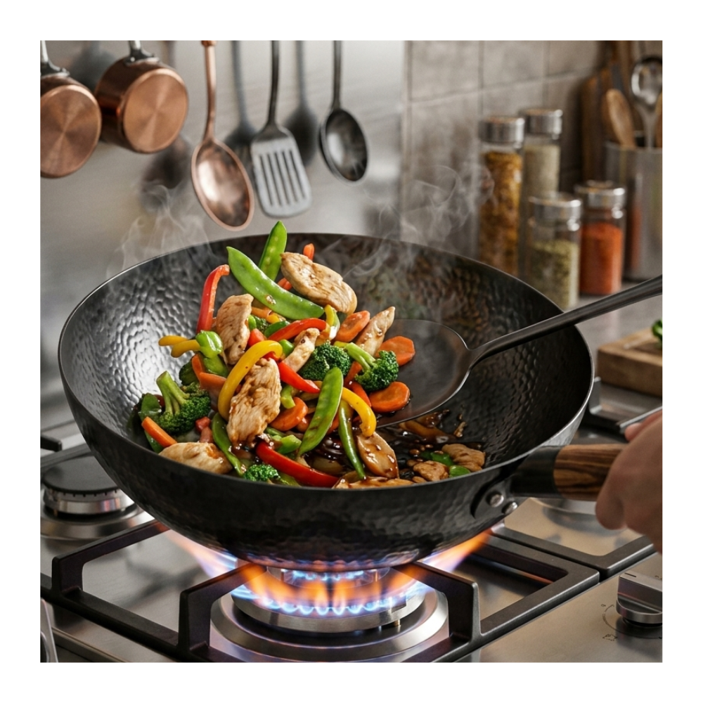 Wok De Cocina Tradicional Acero Martillado Mango De Madera-6