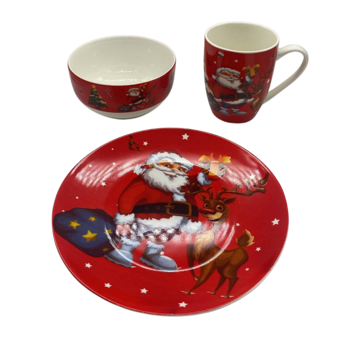 Set De Taza Plato Y Bowl De Navidad Viejo Pascuero Navidad Rojo Viejito Pascuero-2