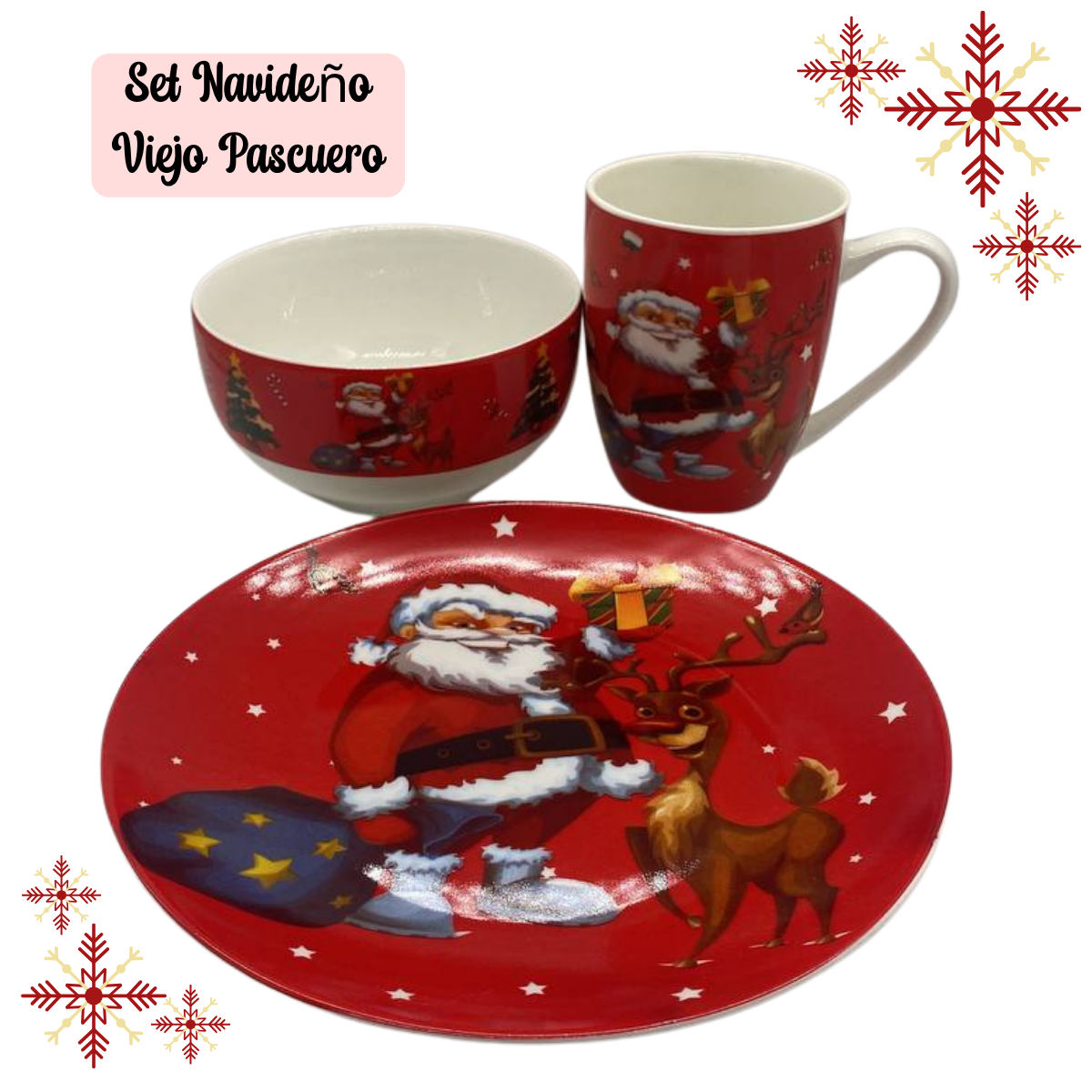 Set De Taza Plato Y Bowl De Navidad Viejo Pascuero Navidad Rojo Viejito Pascuero-3
