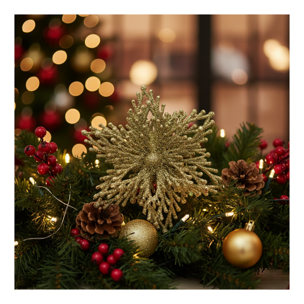 Set 6 Copos / Flores De Nieve Adornos De Navidad Brillantes Adorno Árbol Dorado-4