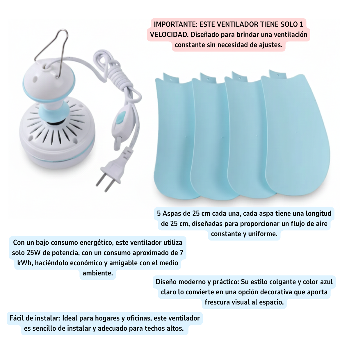 Ventilador Techo 5 Aspas Colgante Velocidad 25W Fácil De Instalar-5
