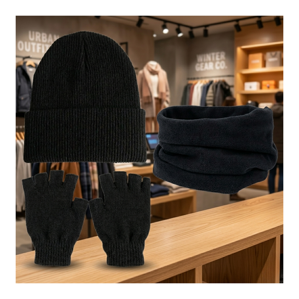 Set Invierno Térmico Gorro Beanie + Guantes Sin Dedos + Cuello-0