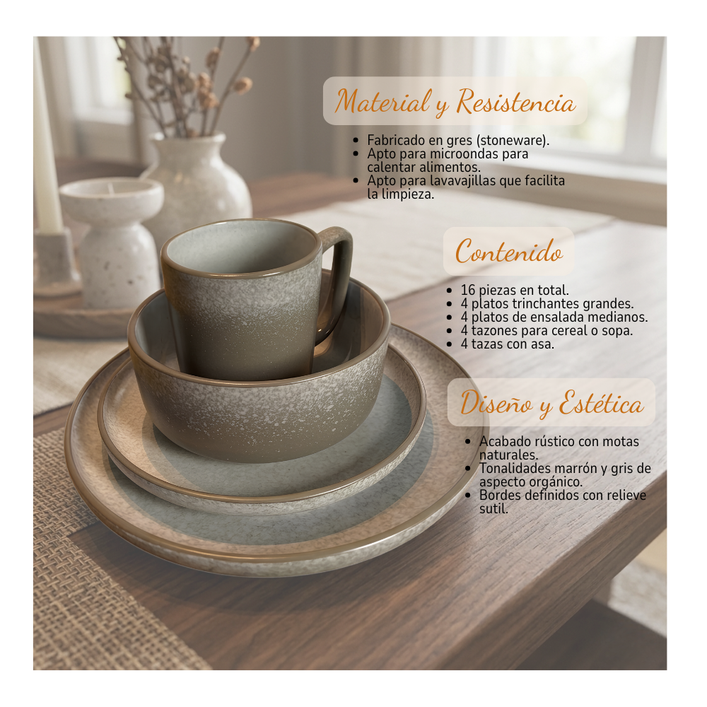 Set De Vajilla Completo 16 Piezas Stoneware Diseño Orgánico-3