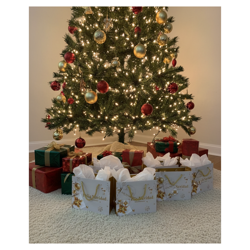 Pack 12 Bolsas De Regalo 18 cm x 23 cm Blancas Con Dorado Navidad 2025-2