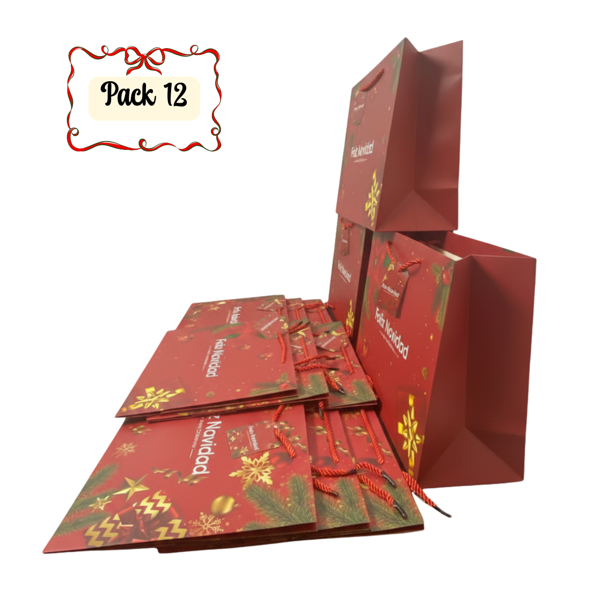 Pack 12 Bolsas De Regalo 26 cm x 32 cm Rojas Con Dorado Navidad 2025-0