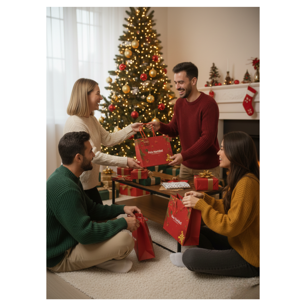 Pack 12 Bolsas De Regalo 26 cm x 32 cm Rojas Con Dorado Navidad 2025-2