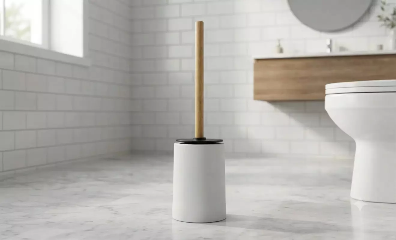 Cepillo WC con Base para Baño Escobilla Negra Mango de Madera-3