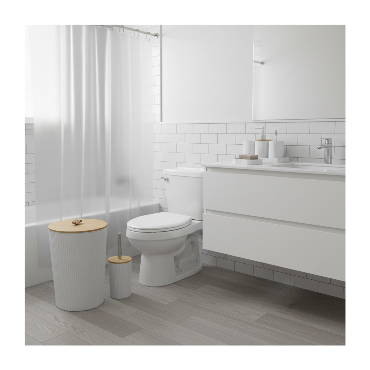 Juego Accesorios Set De Baño 6 Piezas Bambú Cepillo WC Blanco + Cortina De Obsequio-7