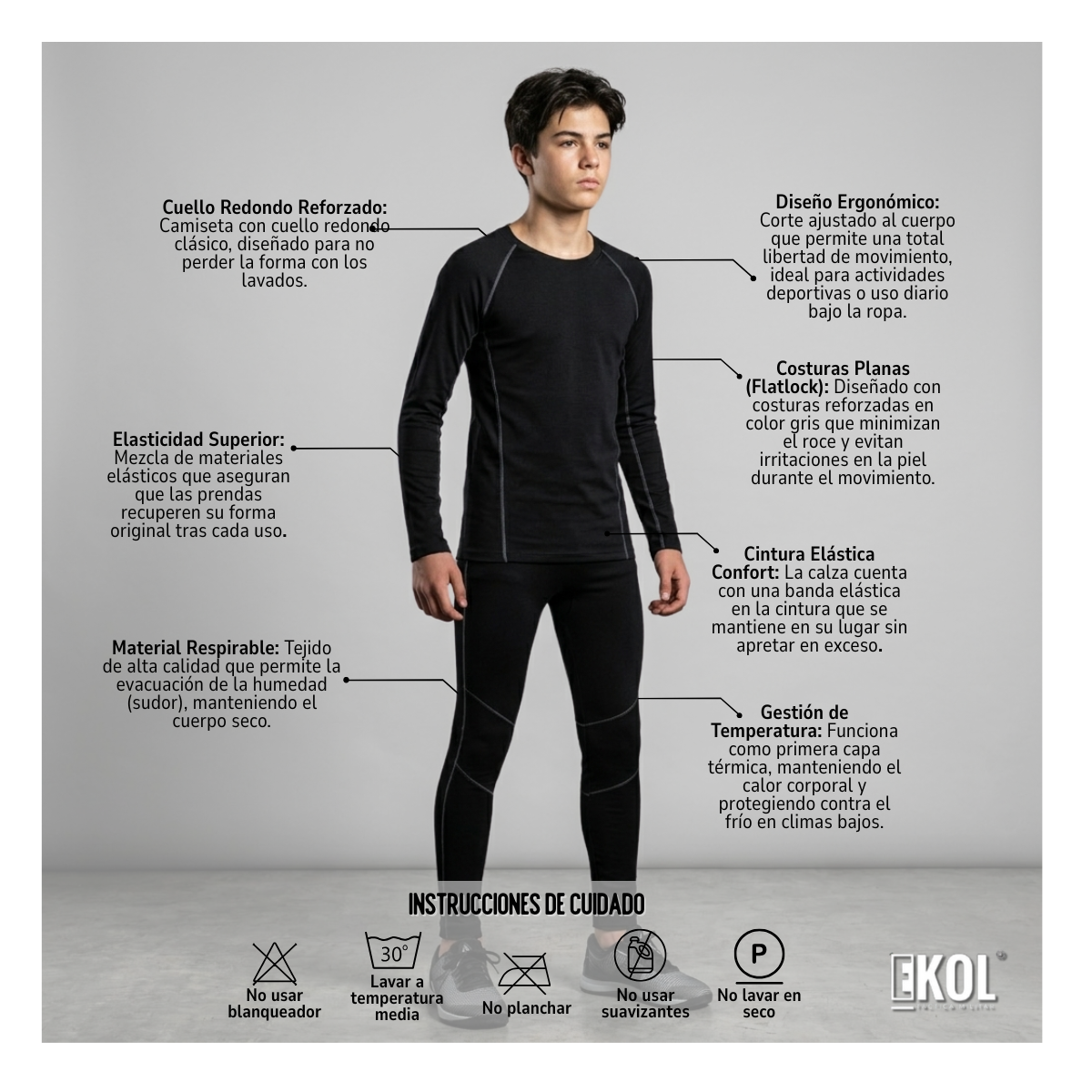 Conjunto Térmico Primera Capa para Niños y Adolescentes Camiseta Manga Larga + Calza-4