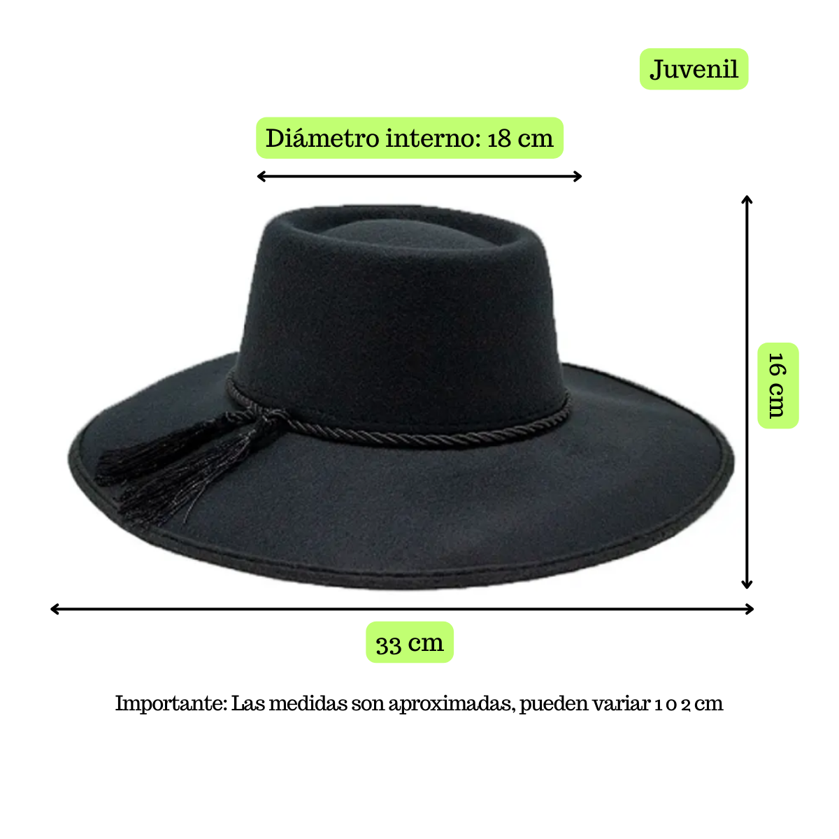 Sombrero Huaso Elegante Chico Negro Juvenil Talla Única-3