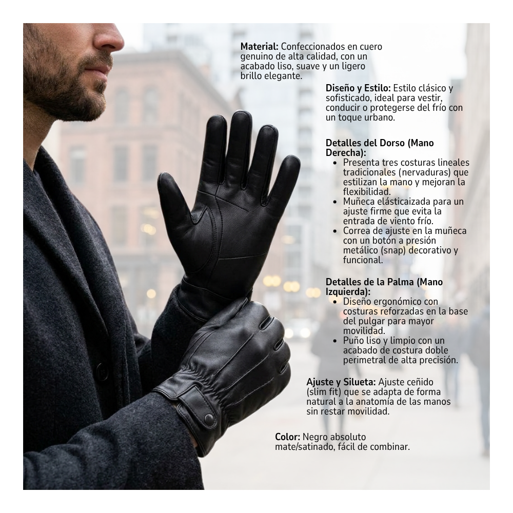 Guantes De Cuero Con Ajuste De Botón Y Elástico Clásicos Elegantes Para Hombre Invierno-4