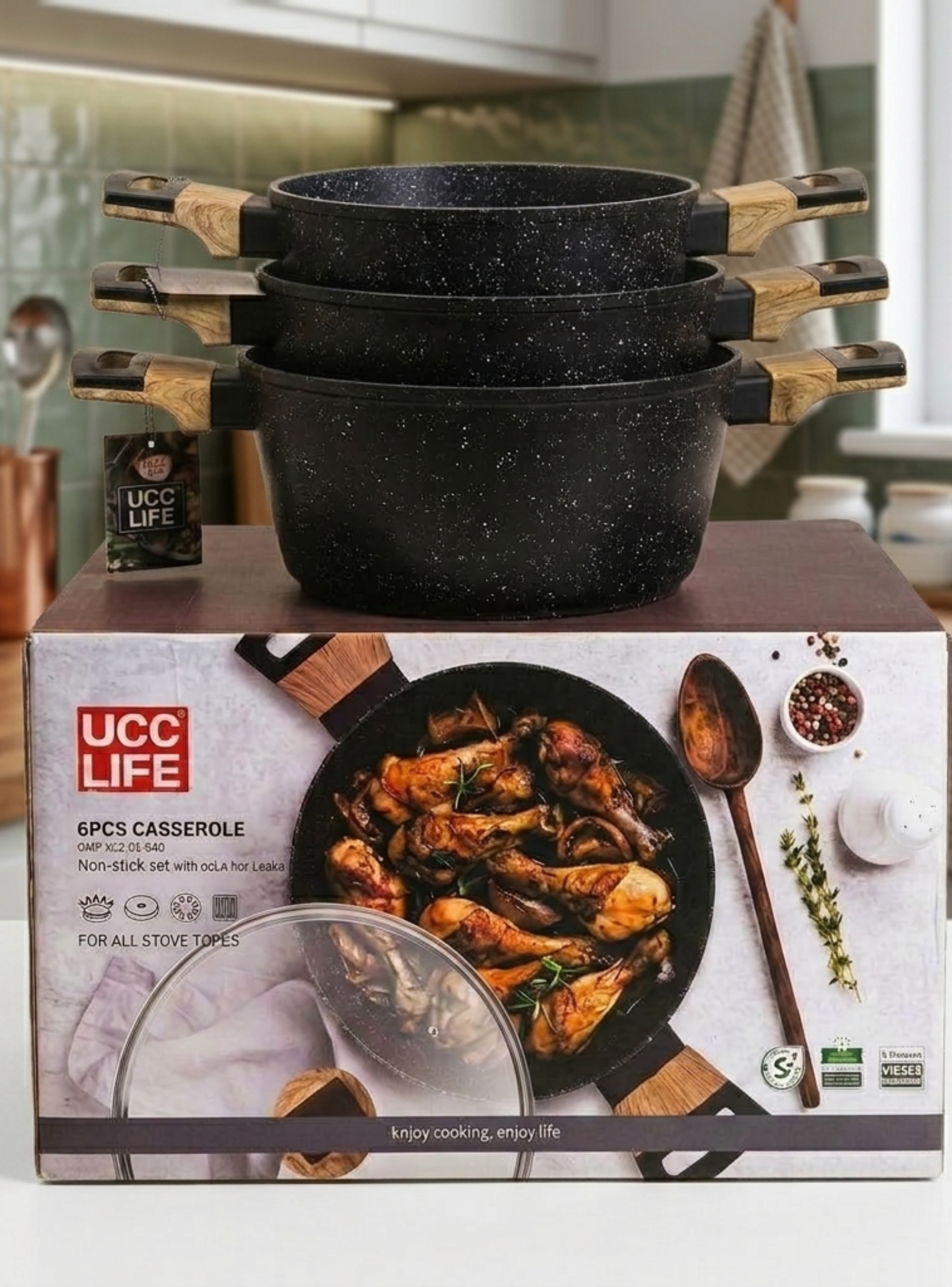 Batería De Cocina 6 Pcs Ollas Cacerolas Para Todo Tipo De Cocina Diseño Granito Y Madera-0