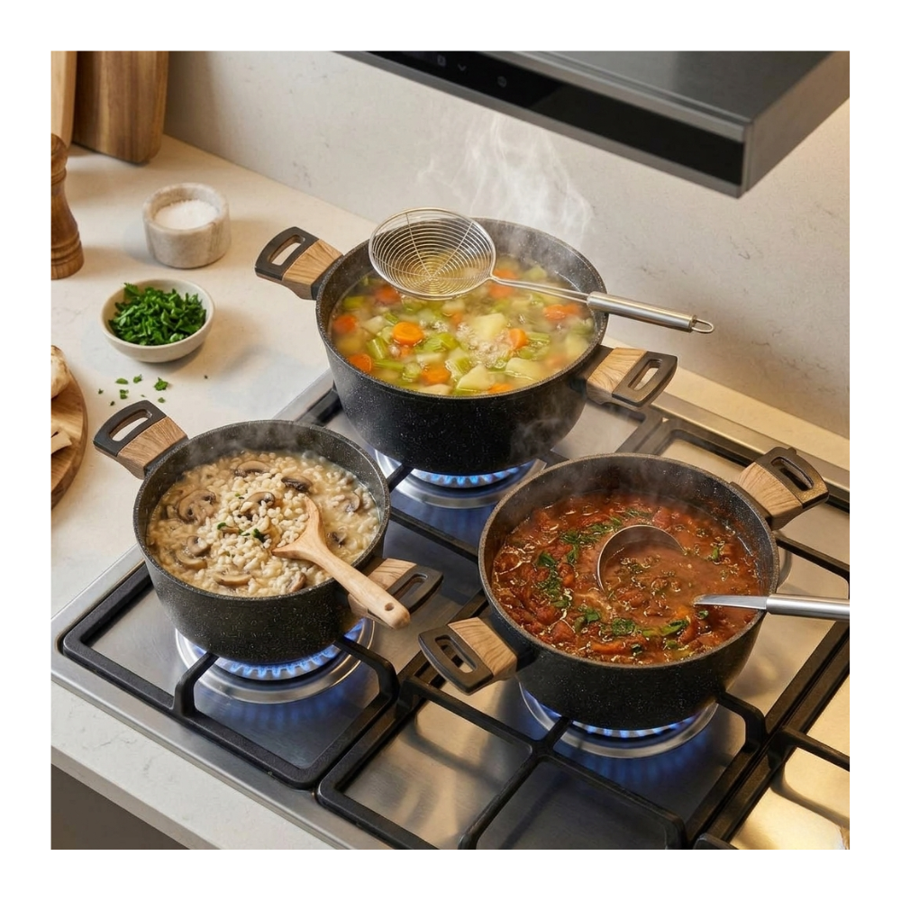 Batería De Cocina 6 Pcs Ollas Cacerolas Para Todo Tipo De Cocina Diseño Granito Y Madera-7