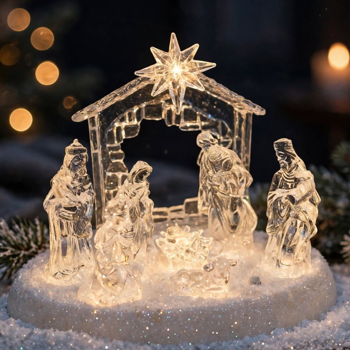 Nacimiento Mini Pesebre Navidad Acrílico Luces Led Decoración-3