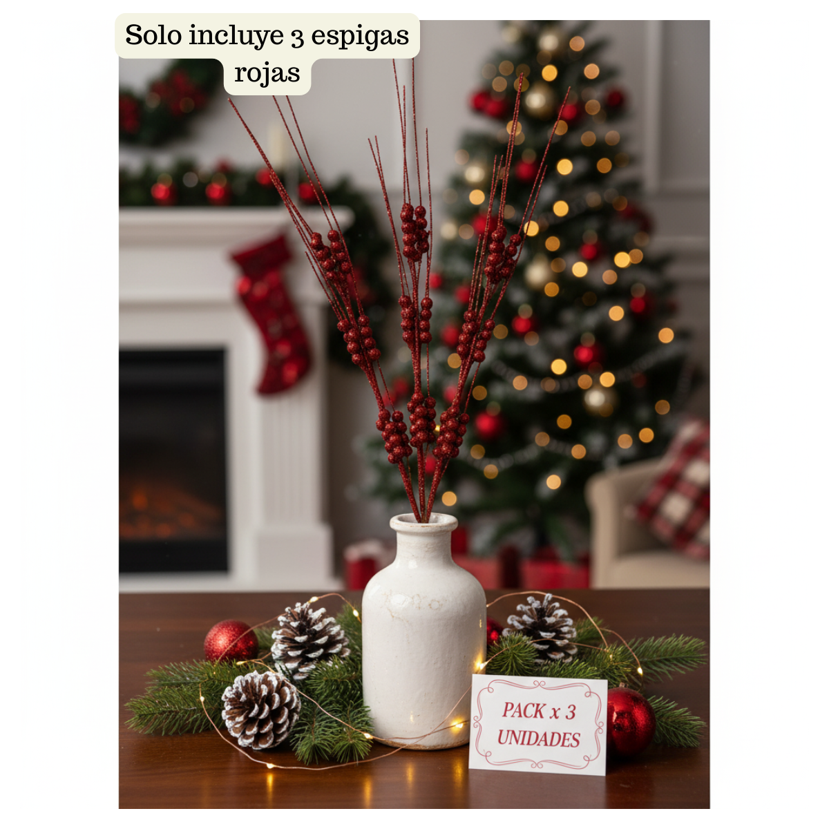 Pack 3 Ramas De Navidad Bayas Con Tallo De Acebo Navideño 65 cm -3