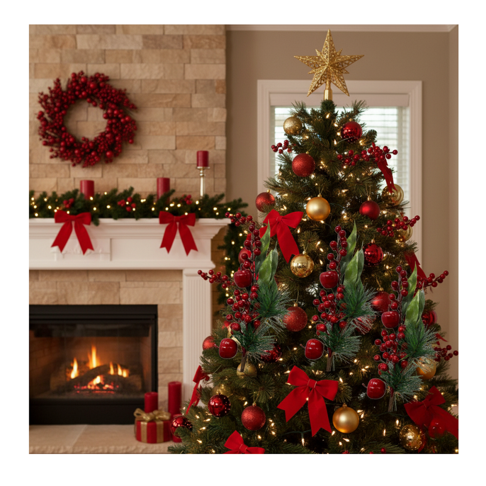 Pack 3 Bayas Ramas Flores Artificiales Acebo Tallos Navidad 2025-4