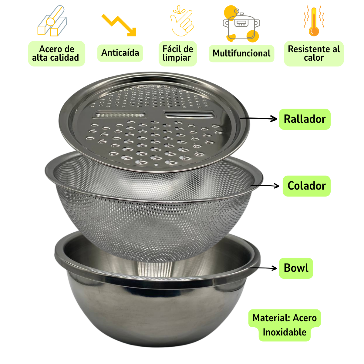 Set de 3 Piezas para Cocina Premium: Bowl, Colador y Rallador Multifuncional-5