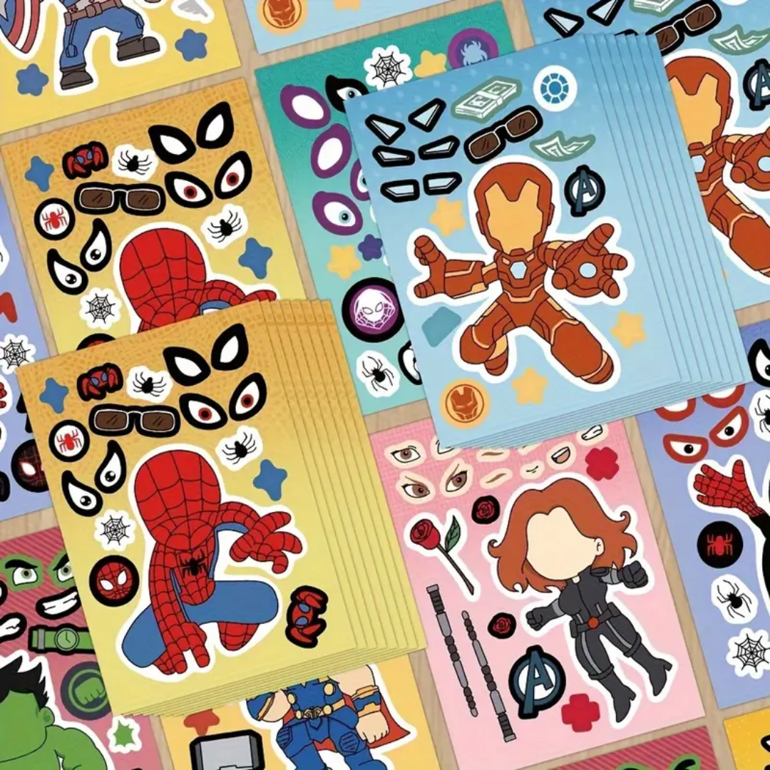 8 Laminas Stickers Super Héroes Armable Pegatinas 16x11cm-2