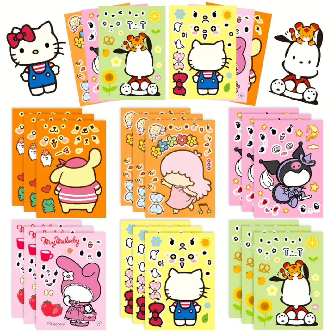 6 Laminas Stickers Hello Kitty Kuromi Pegatinas 21x15cm armable puzzle-3