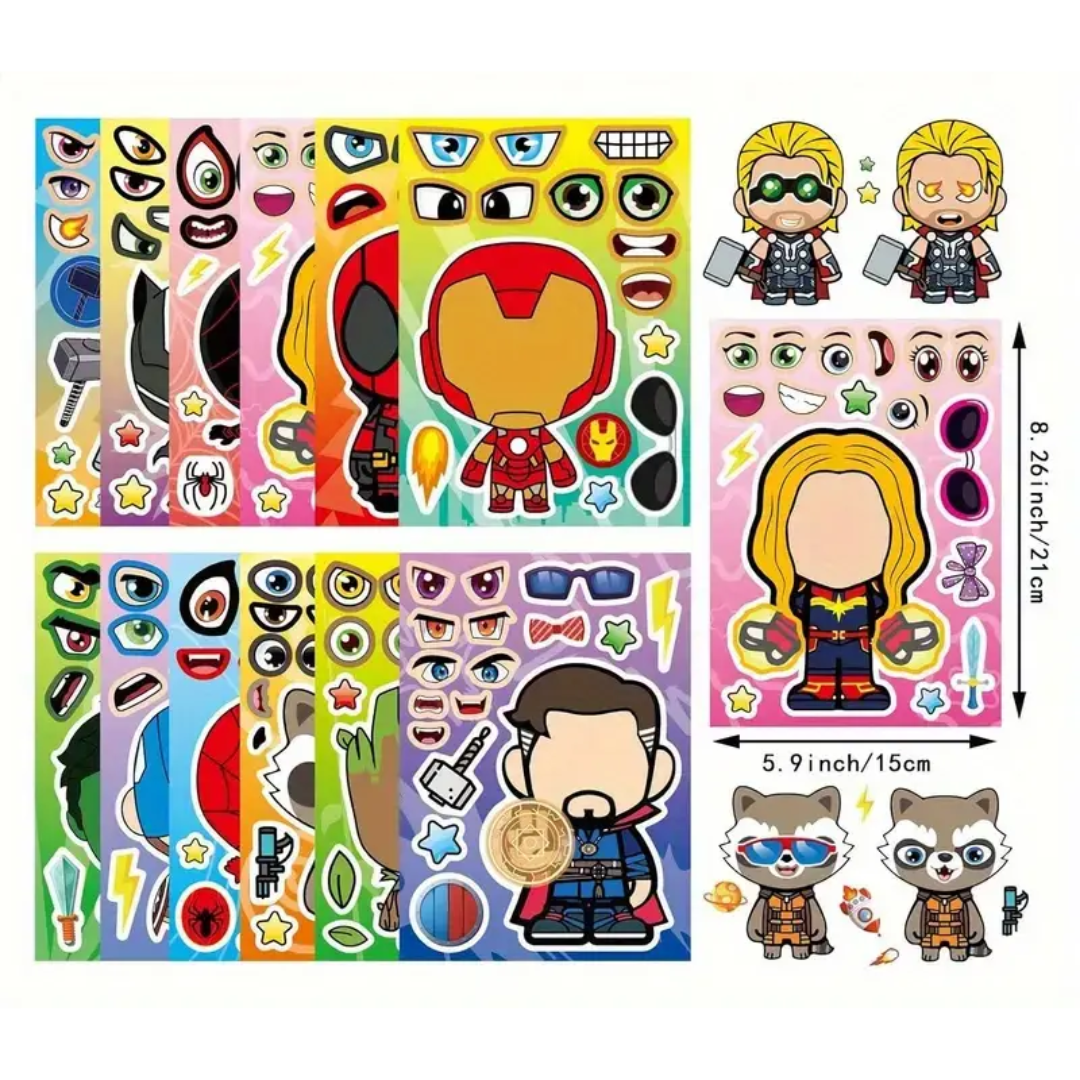 12 Laminas Stickers Super Héroes Armable Pegatinas 21x15cm-2