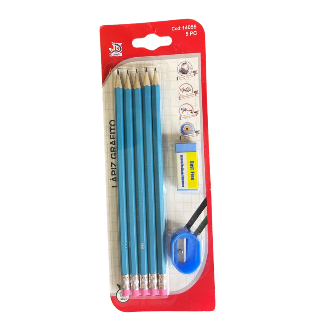 Pack 5 Lápices Mina + Goma + Sacapunta Papelería Escritorio-0