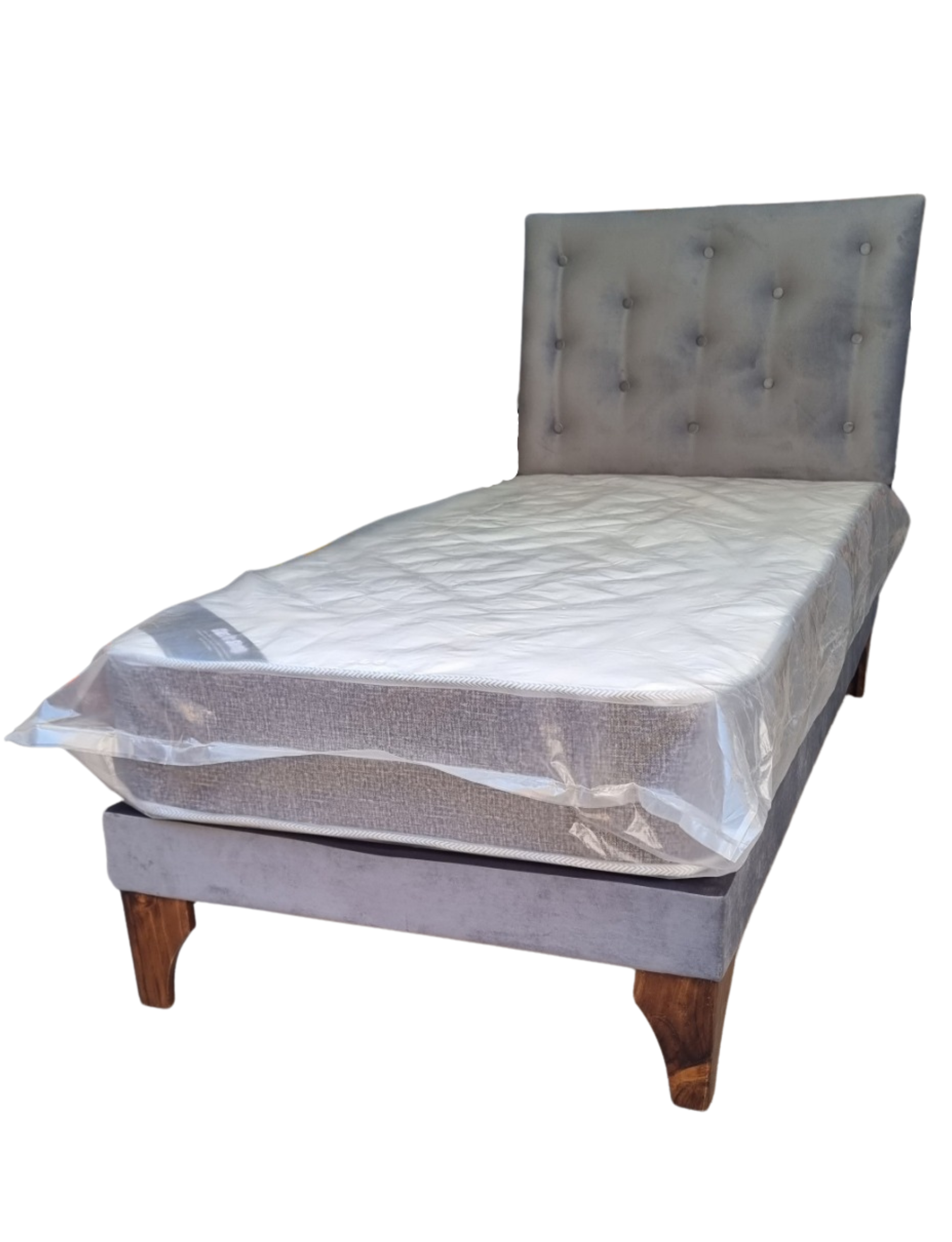 Cama Europea 1plaza Respaldo Gris Felpa Colchon Resorte Bonnell Marver -2