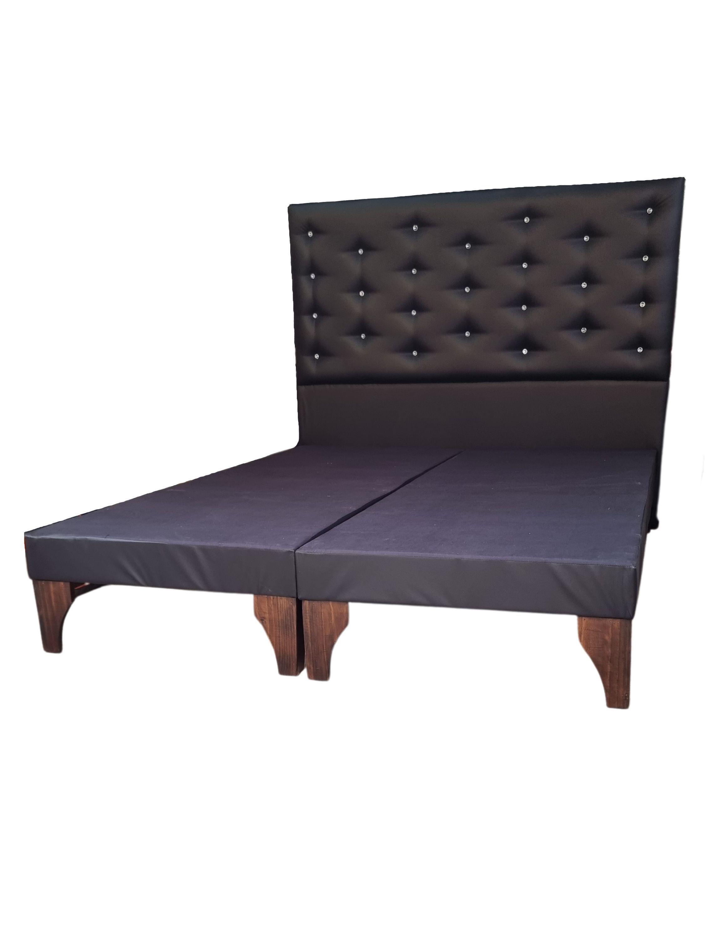 Base Europea Dividida + Respaldo a Piso Negro Eco Cuero Botón Diamante -2