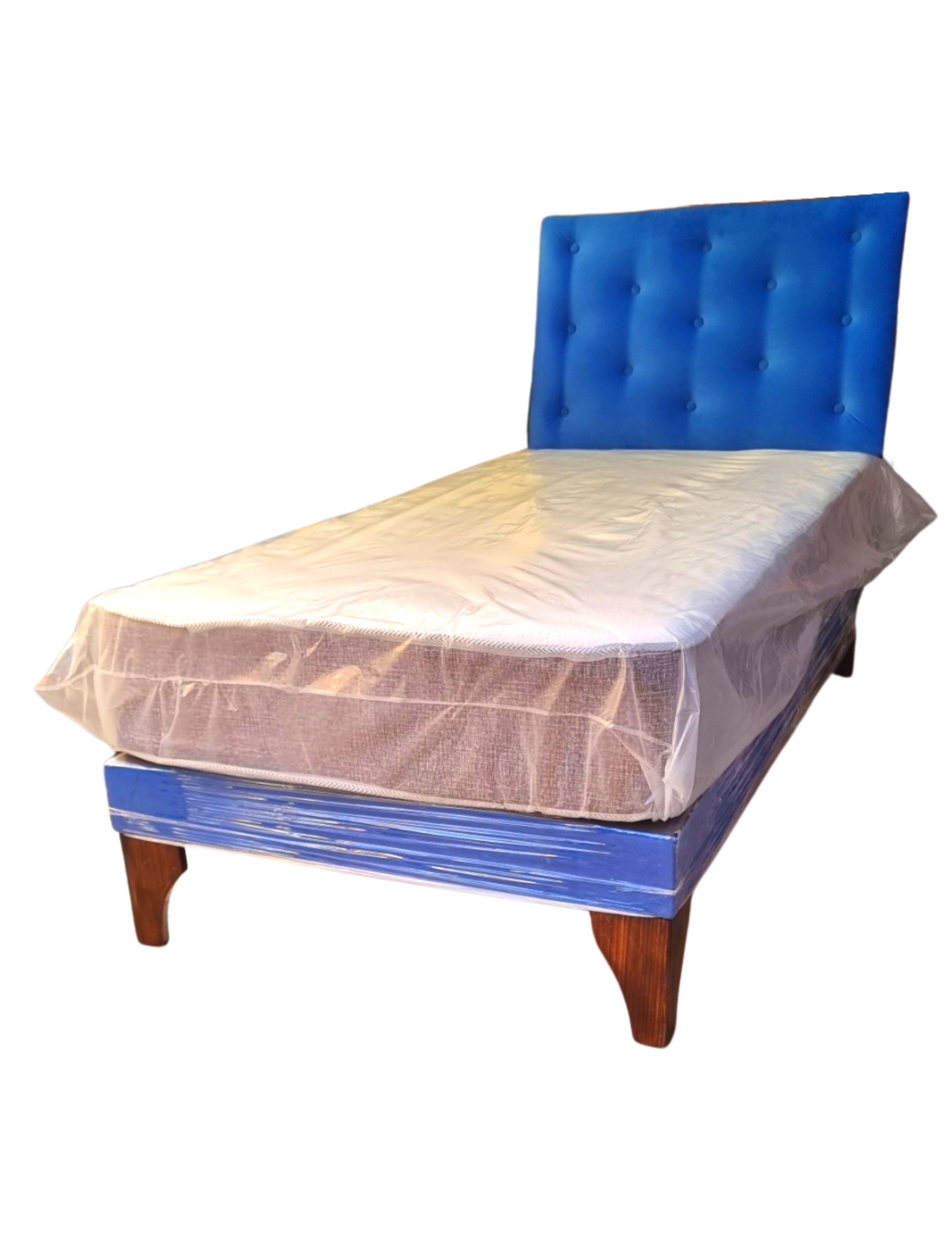 Cama Europea 1plaza Respaldo Azul Rey Felpa  Colchon Resorte Bonnell Marver -2