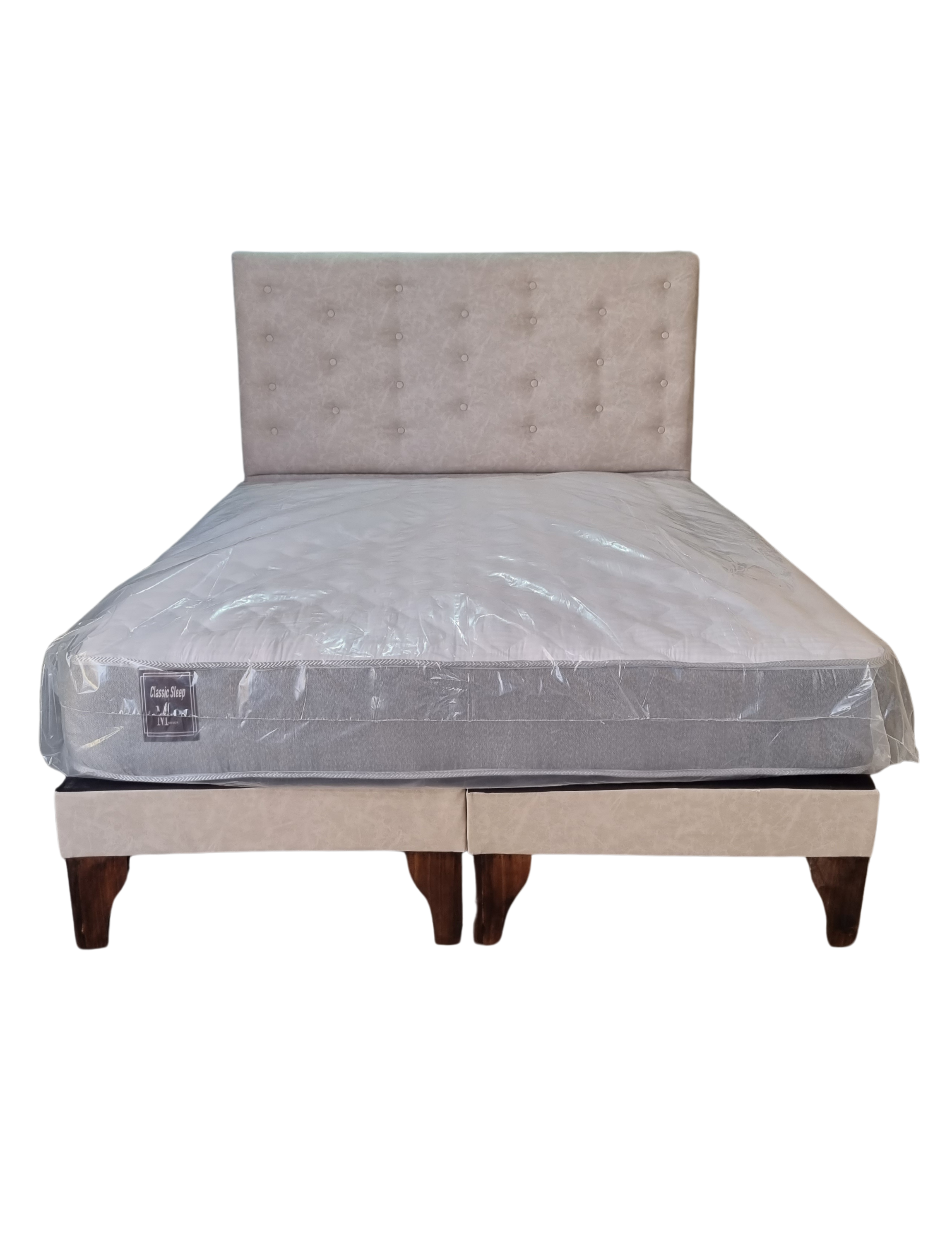 Cama Europea 2 Plazas Respaldo Beige Eco Cuero A Piso Rimar-3
