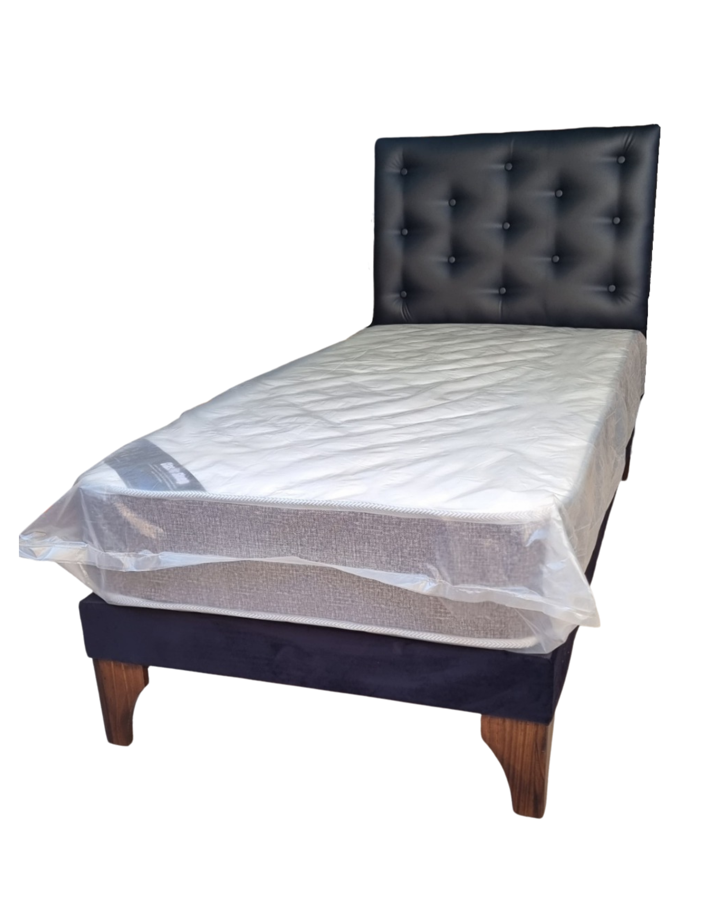 Cama Europea 1plaza Respaldo Negro cuero Pu Colchon Resorte Bonnell Marver -2