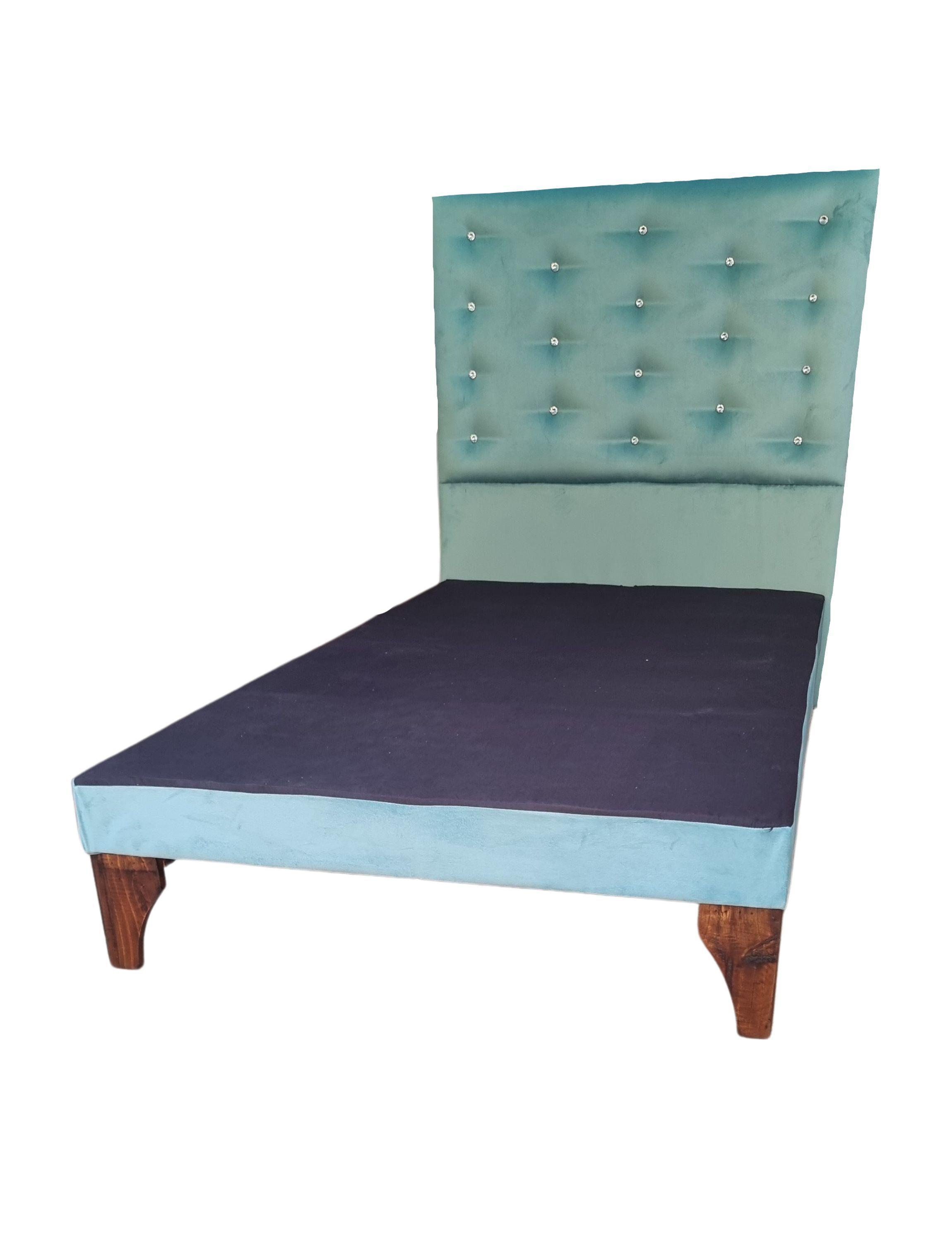 Base Cama Europea 1.5 plazas + Respaldo a Piso Turquesa Felpa Botón Diamante-2