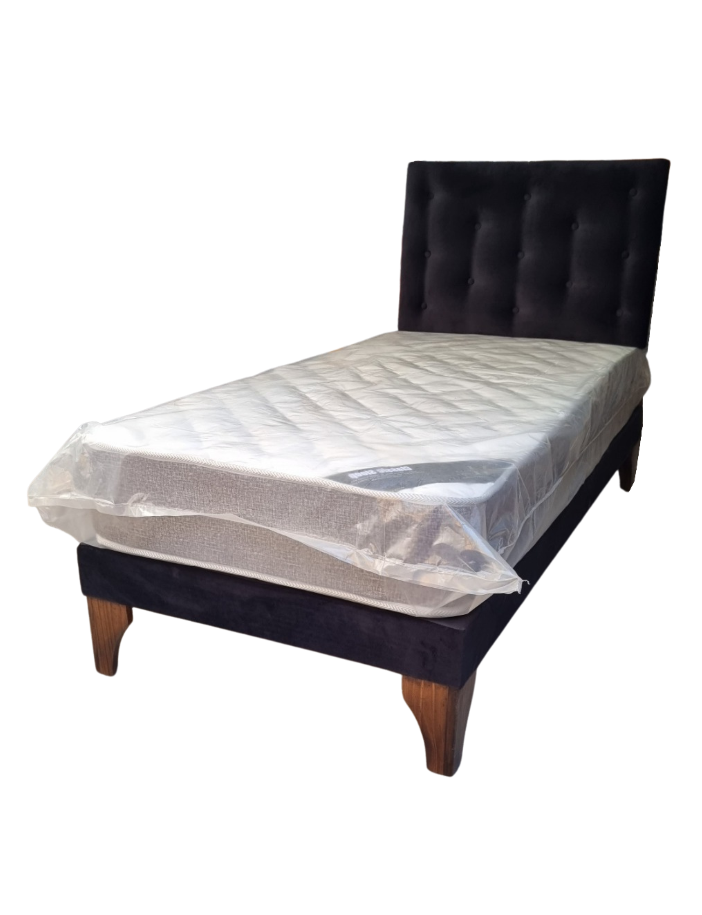 Cama Europea 1plaza Respaldo Negro Felpa  Colchon Resorte Bonnell Marver -2