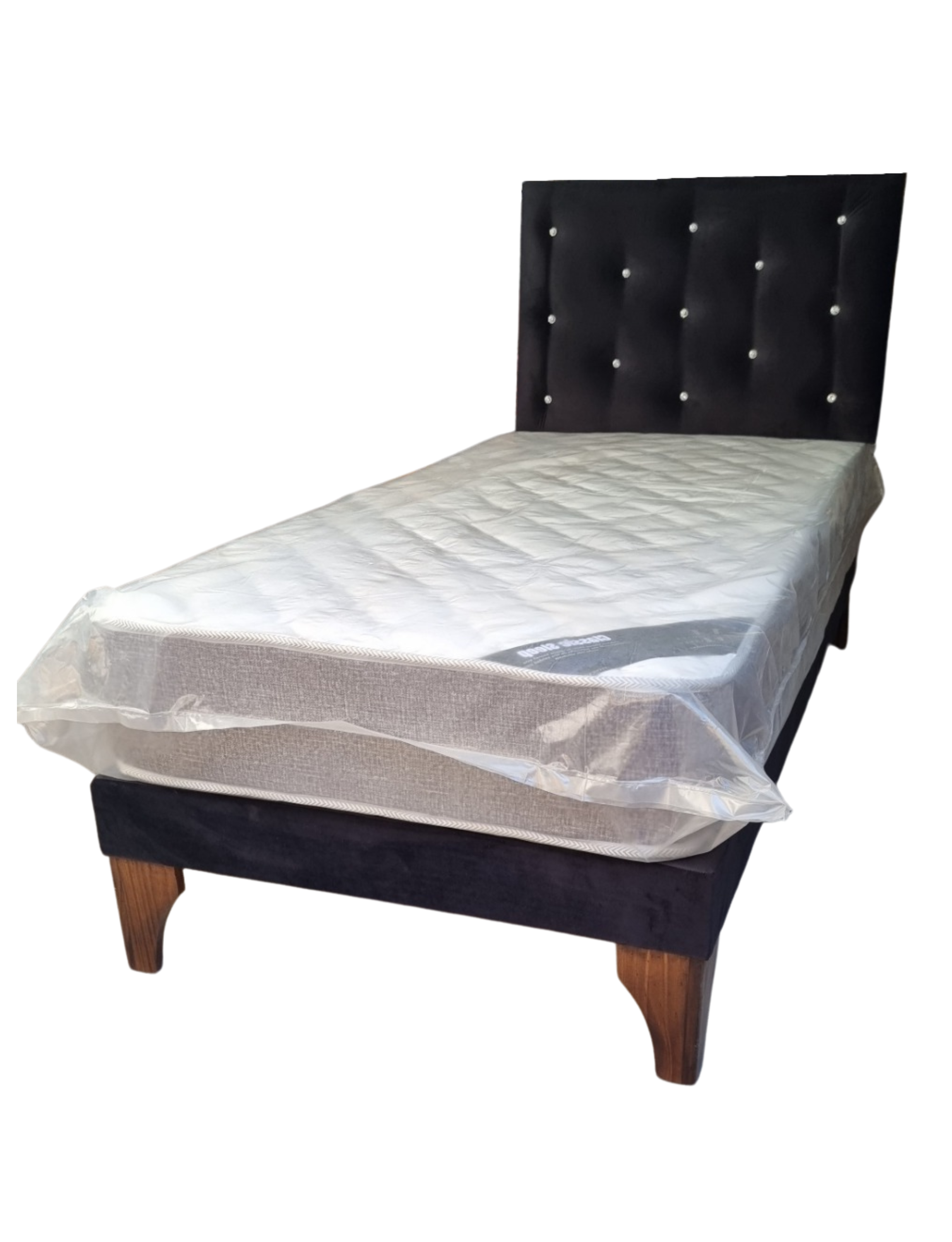 Cama Europea 1plaza Respaldo Negro Felpa Diamante Colchon Resorte Bonnell Marver -2