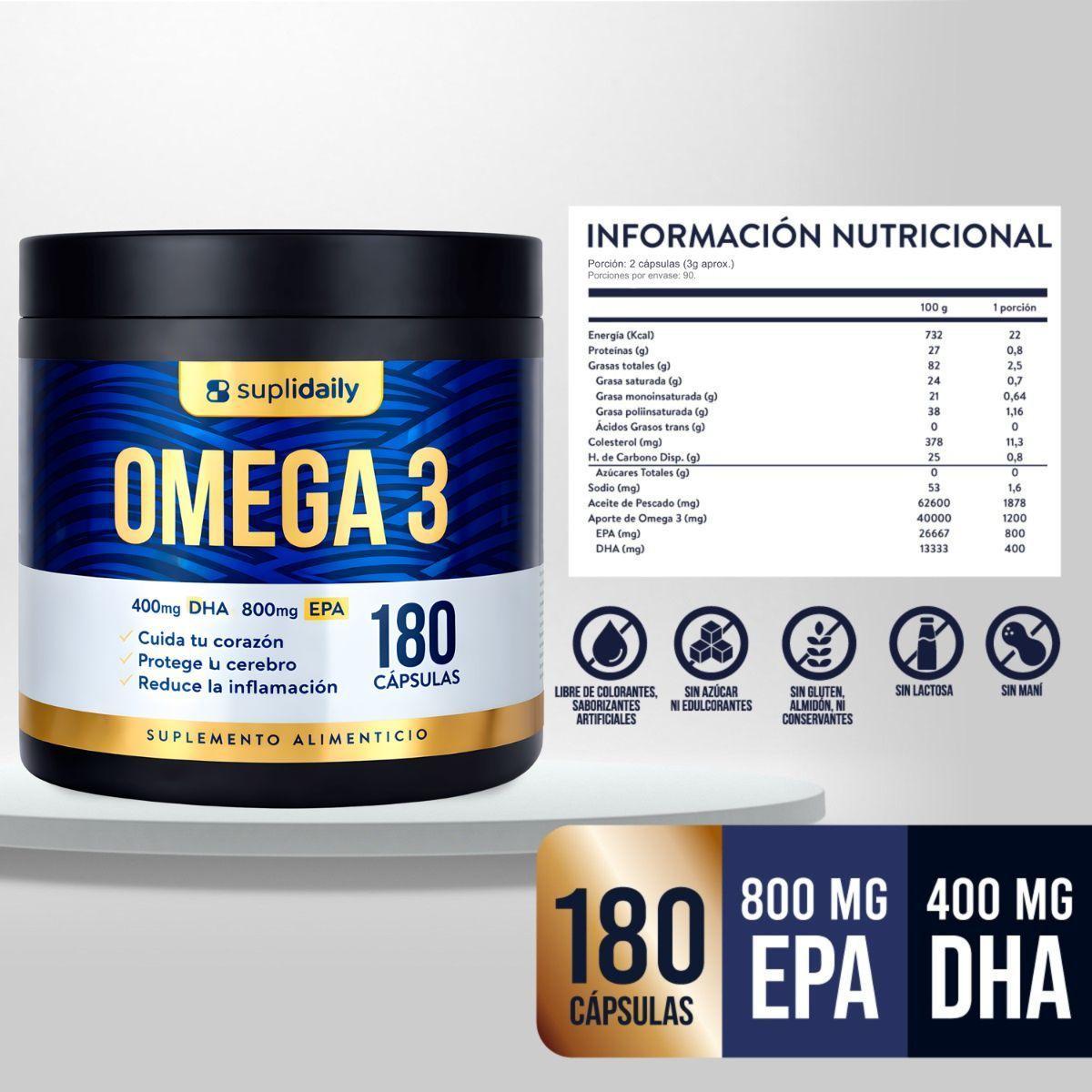 Omega 3 800 EPA 400 DHA SupliDaily 180 Capsulas Alta Pureza Pack x2 Sin Sabor-1
