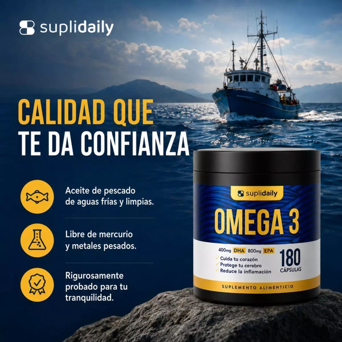 Omega 3 800 EPA 400 DHA SupliDaily 180 Capsulas Alta Pureza Pack x2 Sin Sabor-5