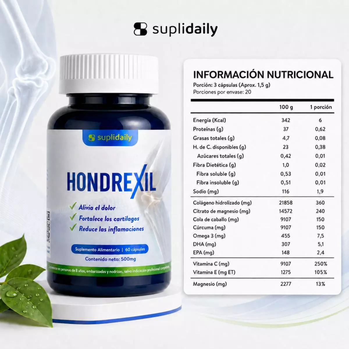 Hondrexil Colageno Suplemento Articular Alta Potencia SupliDaily 60 Caps Pack X2-9
